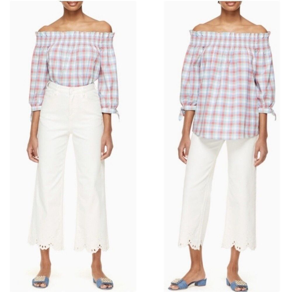 kate spade Pastel Plaid Off-Shoulder Blouse - Pink Blue White